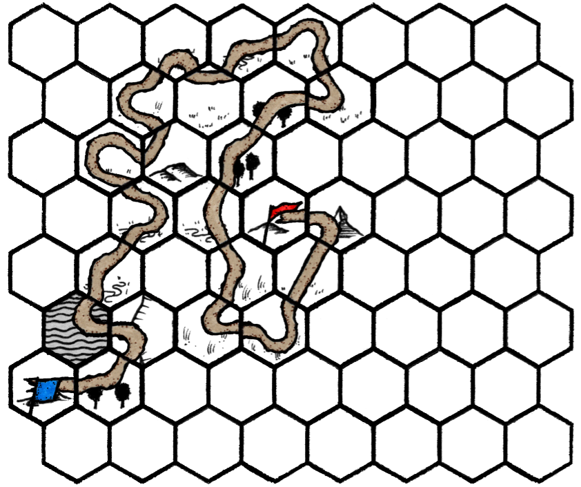a hex map, created with the classic tileset in hexkit, showing the world we generated during play, described throughout the article. a red flag shows where play began and a blue flag shows where it ended, there is a path demonstrating where we travelled between the two.